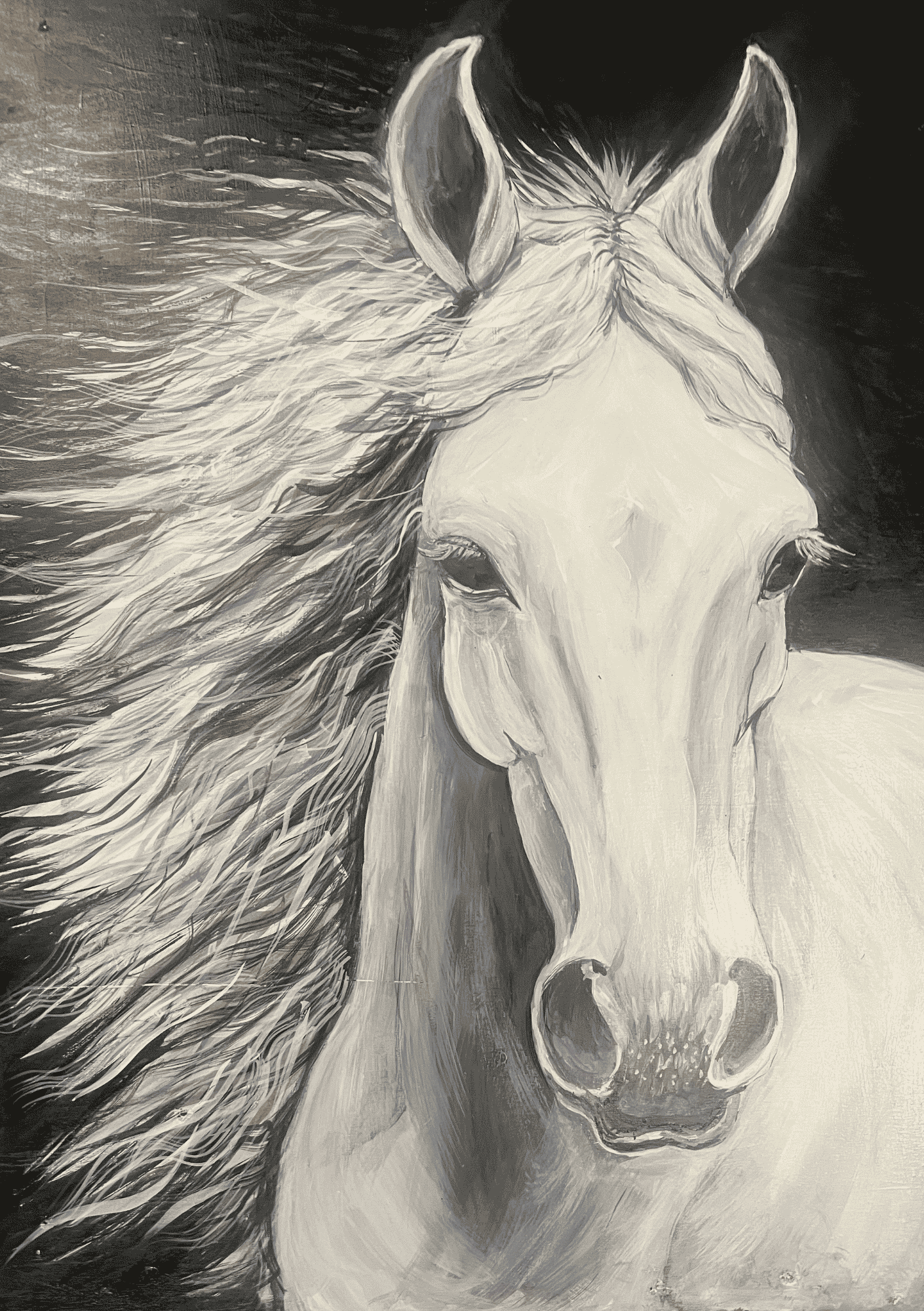 Painting of a white horse, face on, with its mane blowing expressively to one side