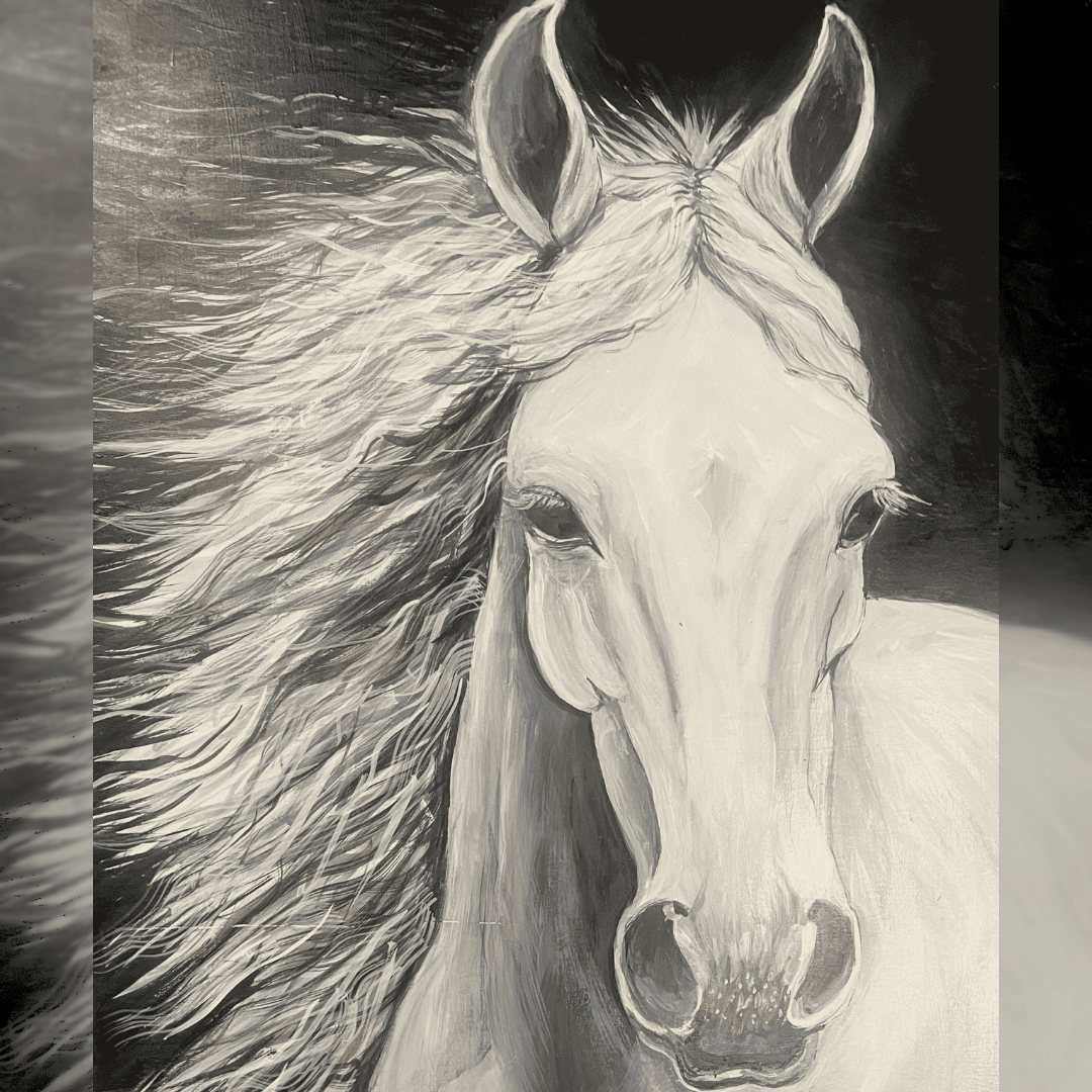 Painting of a white horse, head on, with its mane blowing expressively to one side