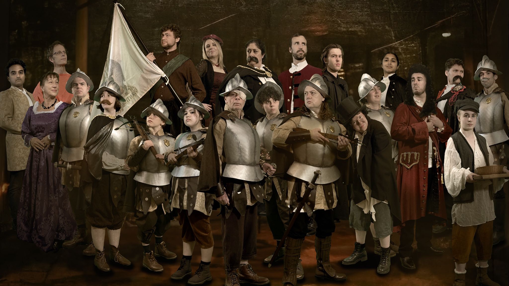 Night Watch cast in pose similar to Rembrandt painting, by Aidan Moran