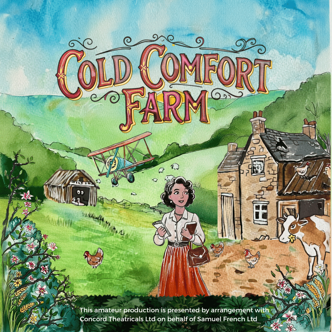 Cold Comfort Farm cover image of a young woman in a rural setting standing in front of a country house with a cow, rolling hills and sheep