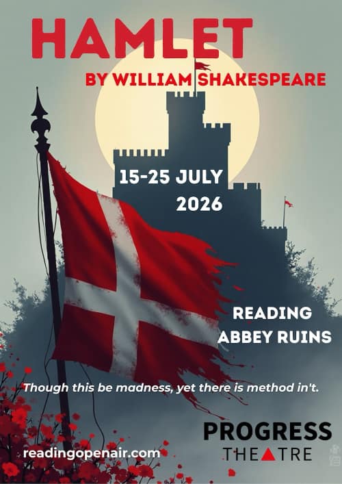 Hamlet poster - moonlit castle with tattered Danish flag