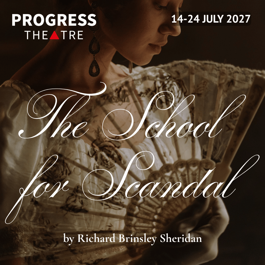 The School for Scandal cover image, a young woman wearing a white dress and white gloves and holding a white lace fan looks to the side