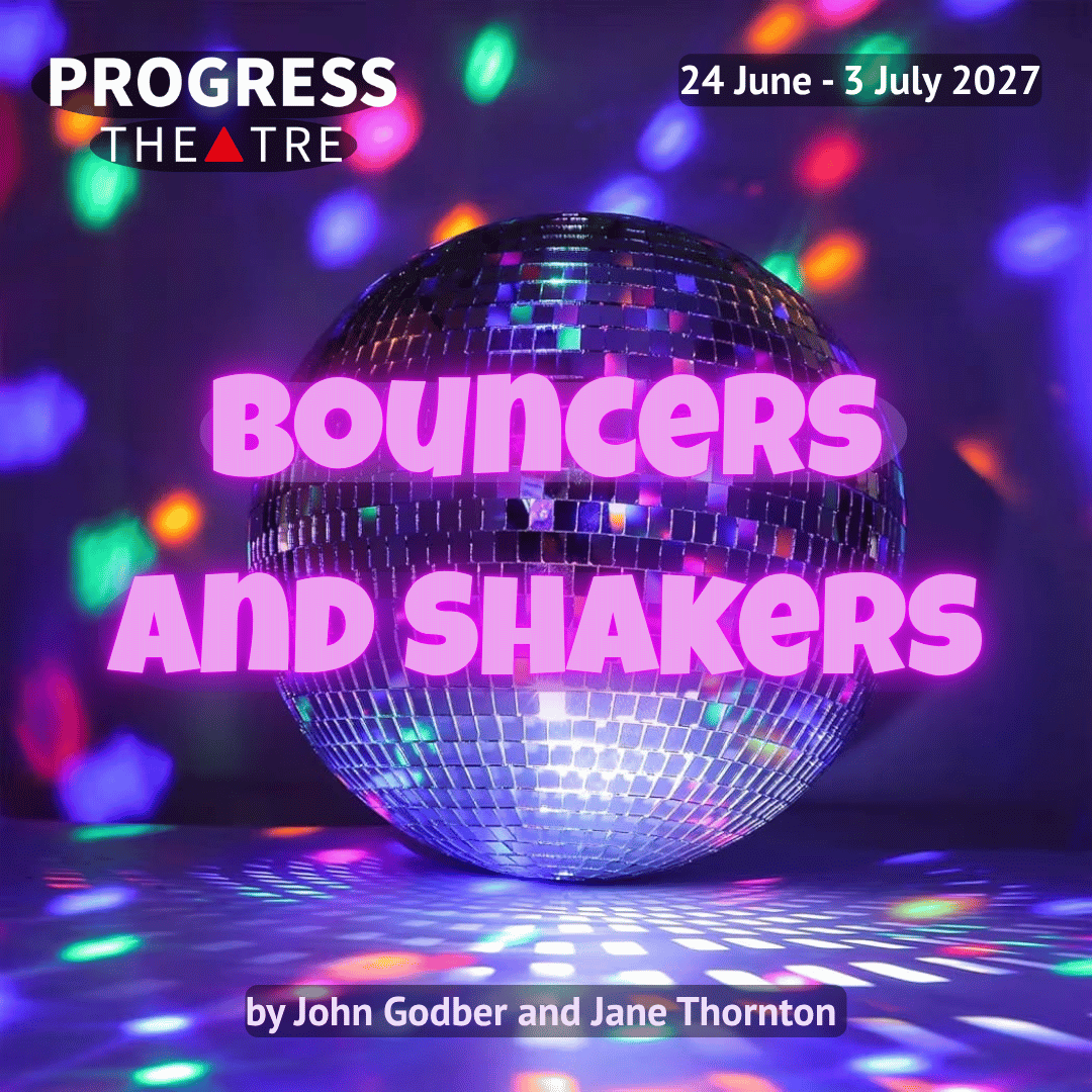 Bouncers and Shakers poster of 80s vibe disco ball with show title text in pink neon writing