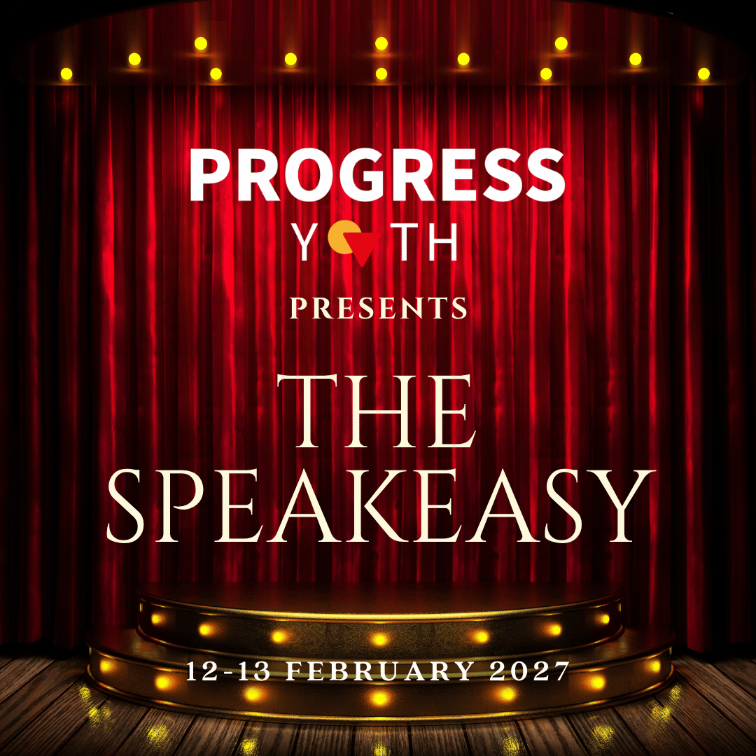 Show title with speakeasy stage in background consisting of closed red curtains and a two-step stage with integrated lights